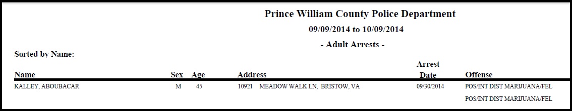 Prince William County PD Arrest Record